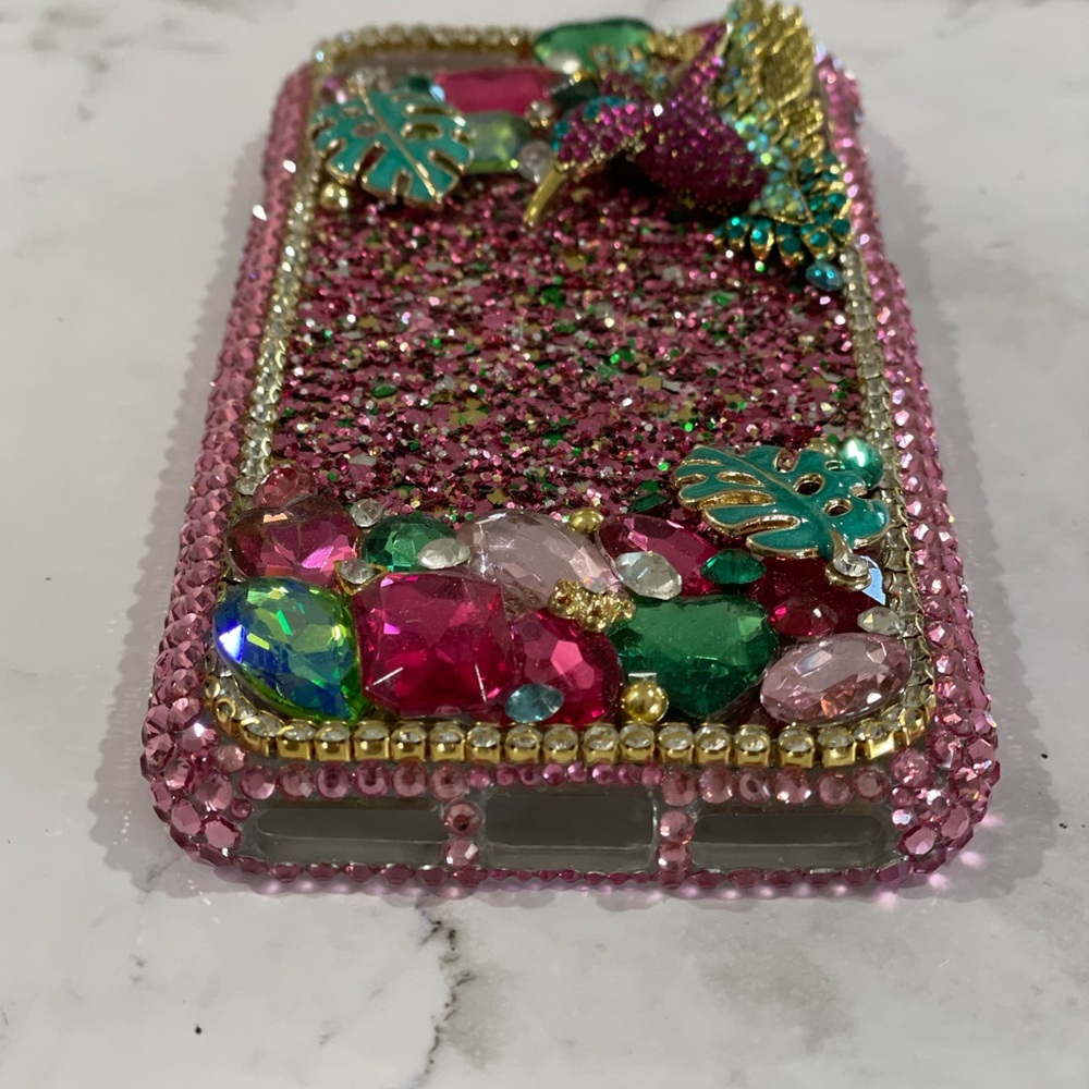 iPhone 7/8 case Pink crystals glitter tropical with hummingbird greenery - Picture 5 of 5
